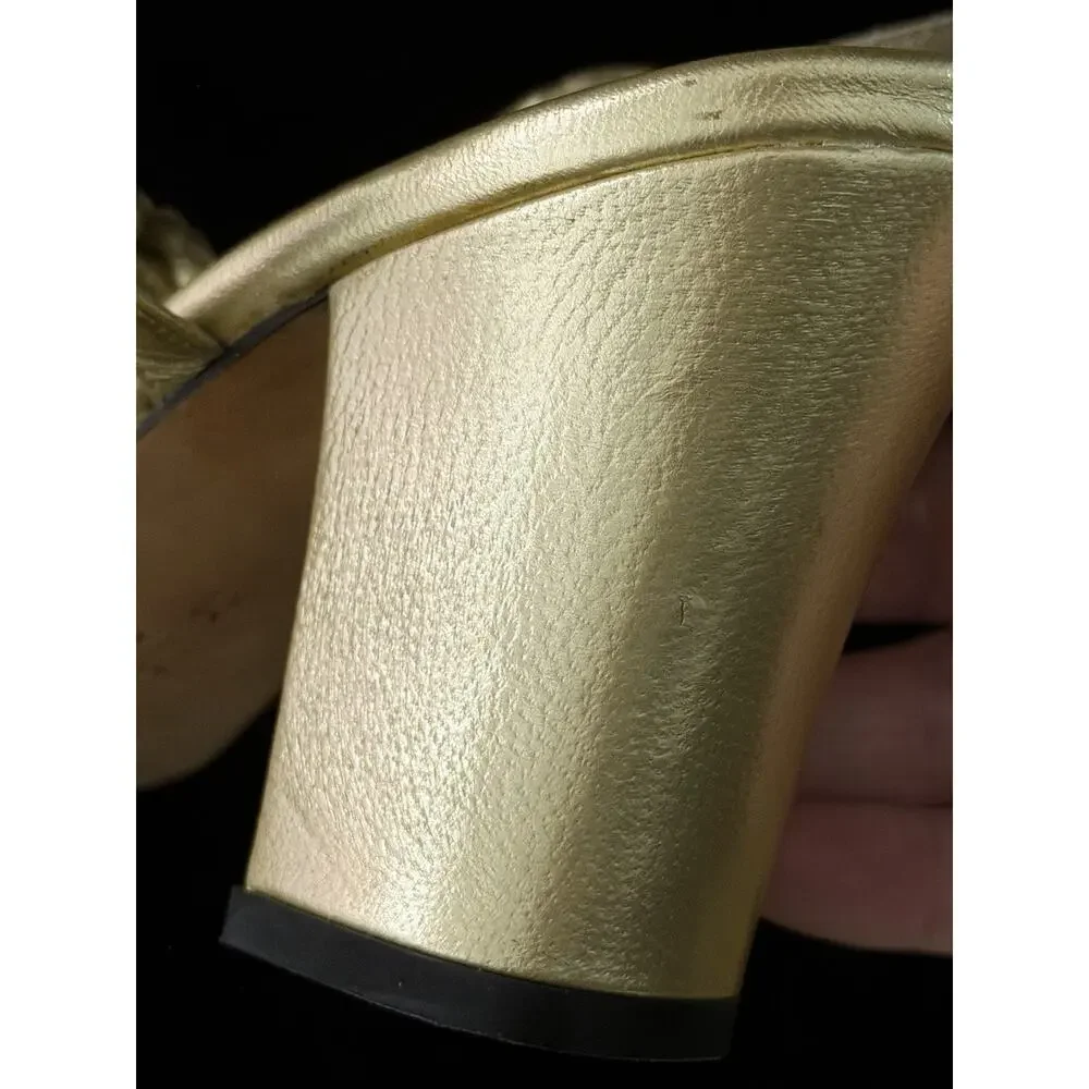 Yves Saint Laurent Braided Leather Gold Chunky Heel Open Toe Sandal 7.5 - Picture 6 of 11